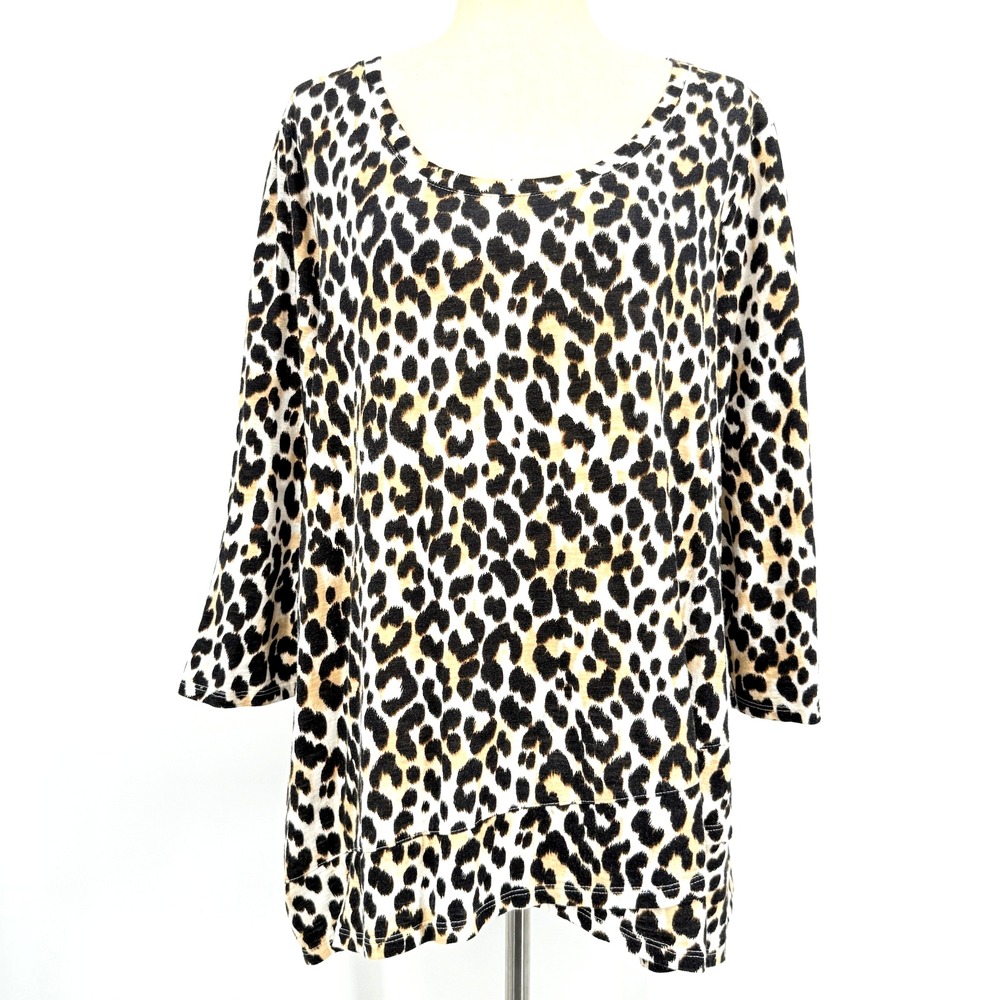 Chicos Womens Top XL Office Wear Animal Print Asymmetrical Hem Long Sleeves Soft